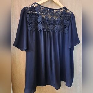 Ann Taylor Shirred Lace Yoke Top - Navy